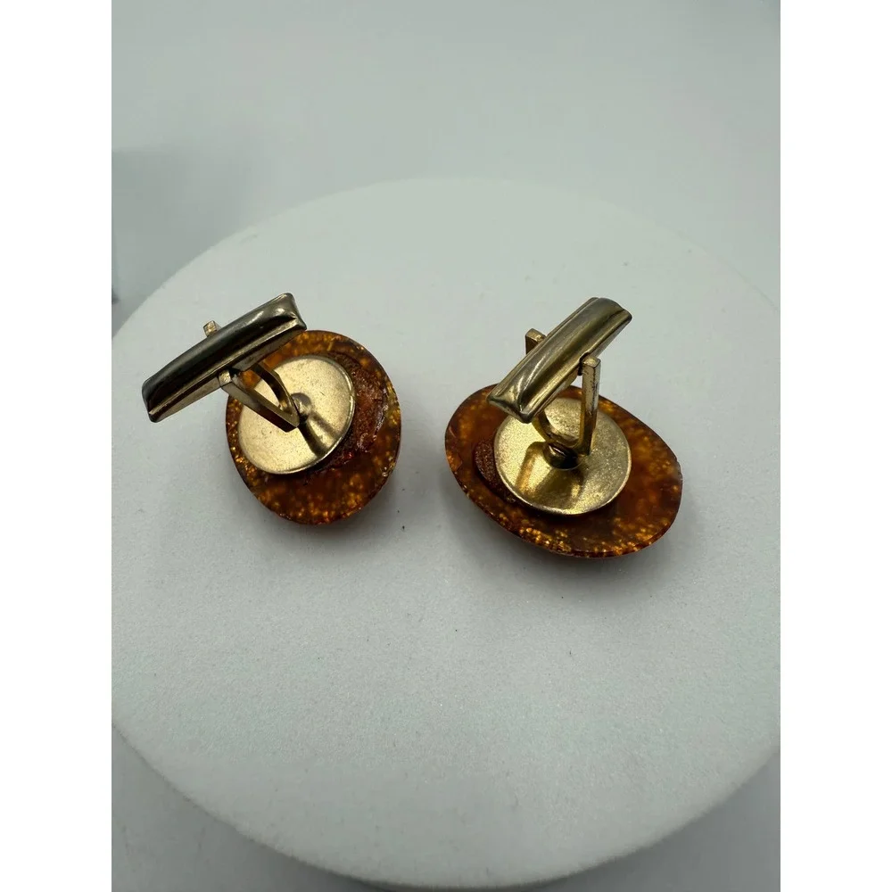 Vintage Mid‎ Century Gold Foil Faux Amber Resin Oval Cufflinks Orange Gold Tone